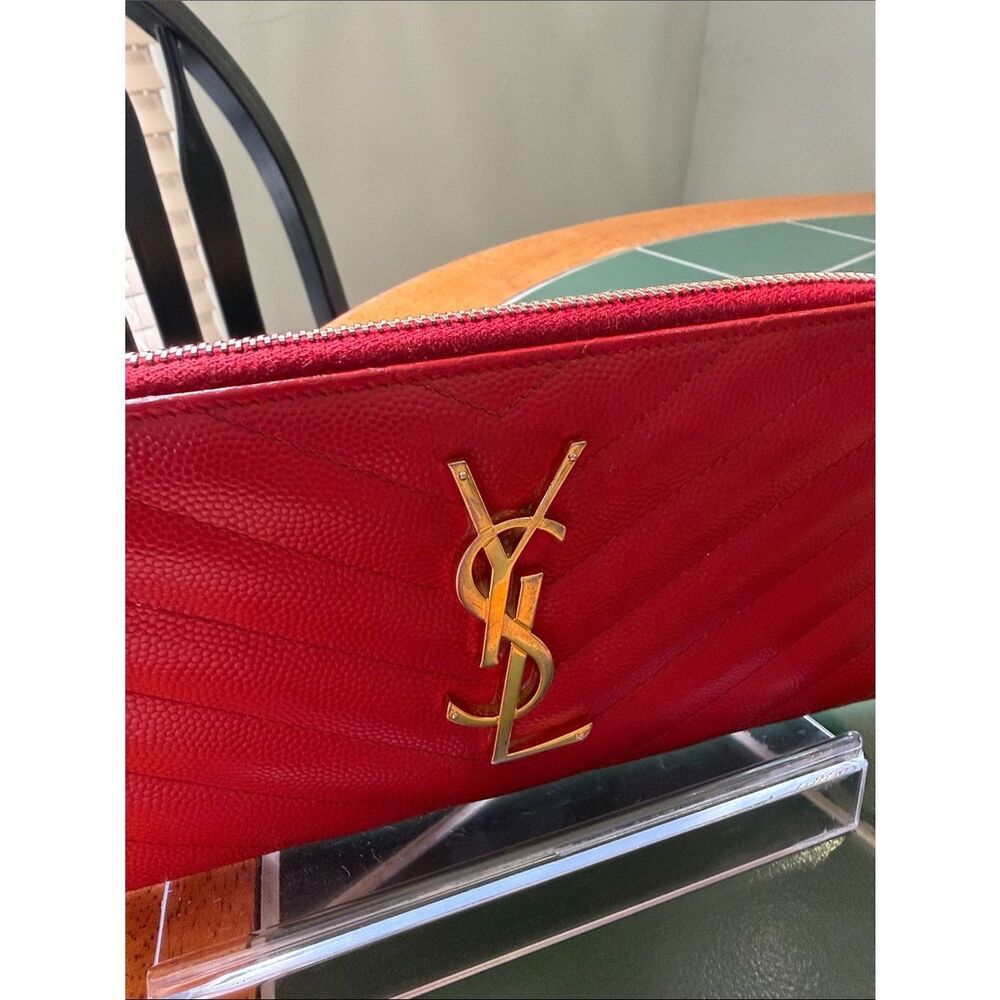 Yves Saint Laurent Red Quilted Zip Wallet with Gold YSL Logo - Picture 10 of 14